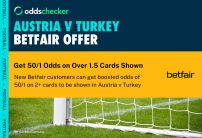 Betfair Austria v Turkey 50/1 Odds Boost Promotion For 2+ Cards in Austria v Turkey