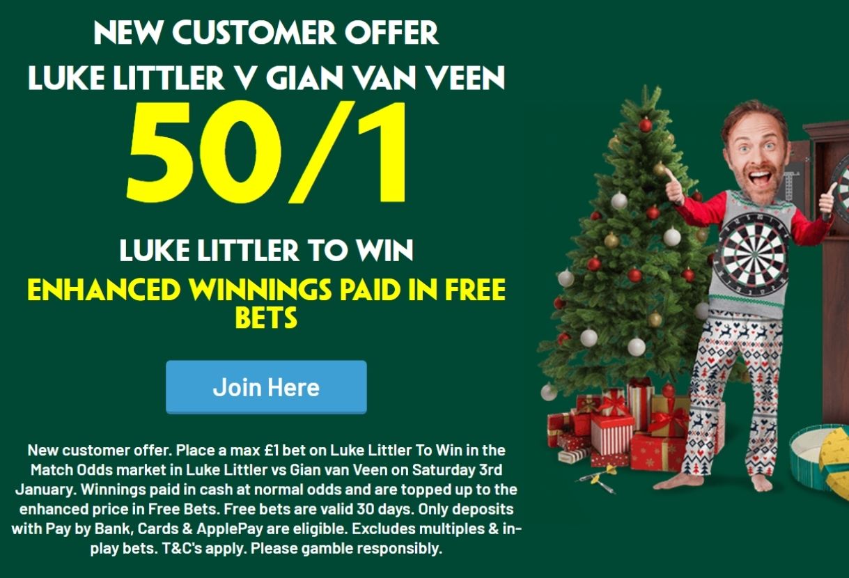 Paddy Power World Darts Championship: Get 50/1 on Littler to Beat van Veen in the Final