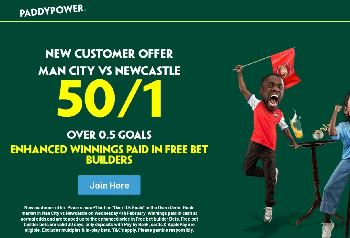 Paddy Power Carabao Cup Offer: Get 50/1 on 1+ Goals in Man City v Newcastle