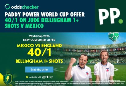 Paddy Power Mexico v England Offer: Get 40/1 on Jude Bellingham 1+ Shots in the Match