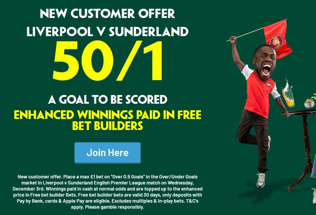 Paddy Power Sign Up Offer: Get 50/1 on a Goal to be Scored in Liverpool v Sunderland 