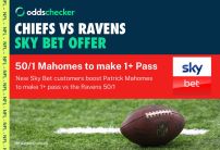 Chiefs v Ravens Sky Bet Offer: Boost Mahomes to 50/1 to Complete 1+ Pass