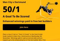Betfair Sign Up Offer: Get 50/1 on a Goal to be Scored in Man City v Dortmund
