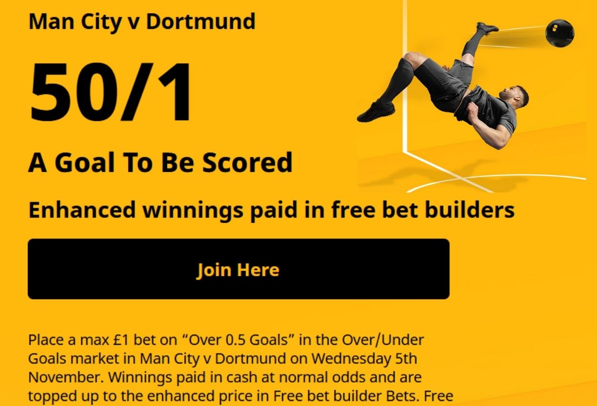 Betfair Sign Up Offer: Get 50/1 on a Goal to be Scored in Man City v Dortmund