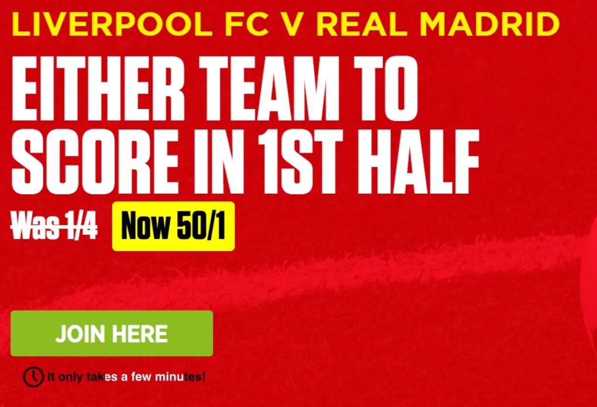 Liverpool v Real Madrid UCL Offer: Get 50/1 If Either Team Score in The First-Half with Ladbrokes