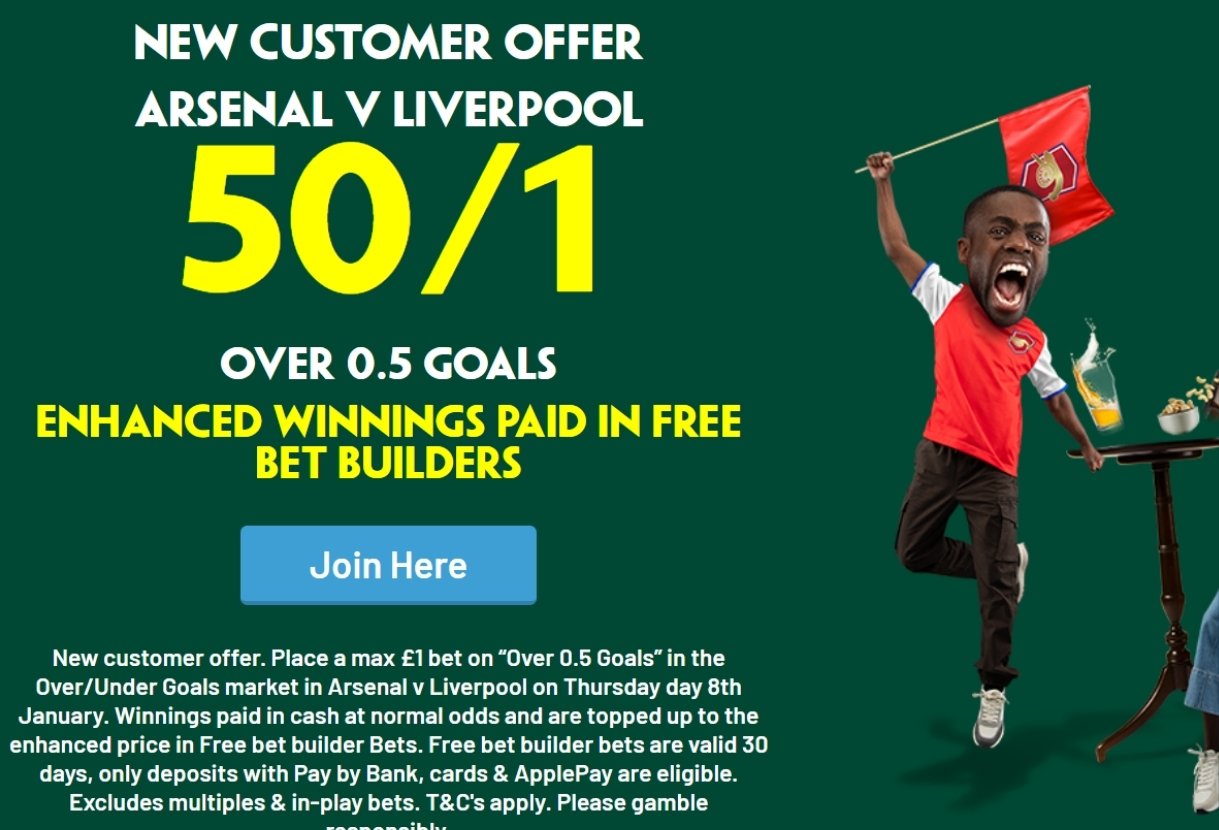 Paddy Power Sign Up Offer: Get 50/1 on Over 0.5 Goals in Arsenal v Liverpool