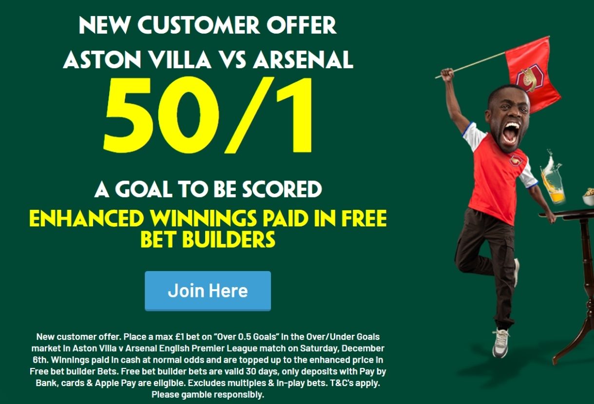 Aston Villa v Arsenal Offer: Get 50/1 on a Goal to be Scored with Paddy Power