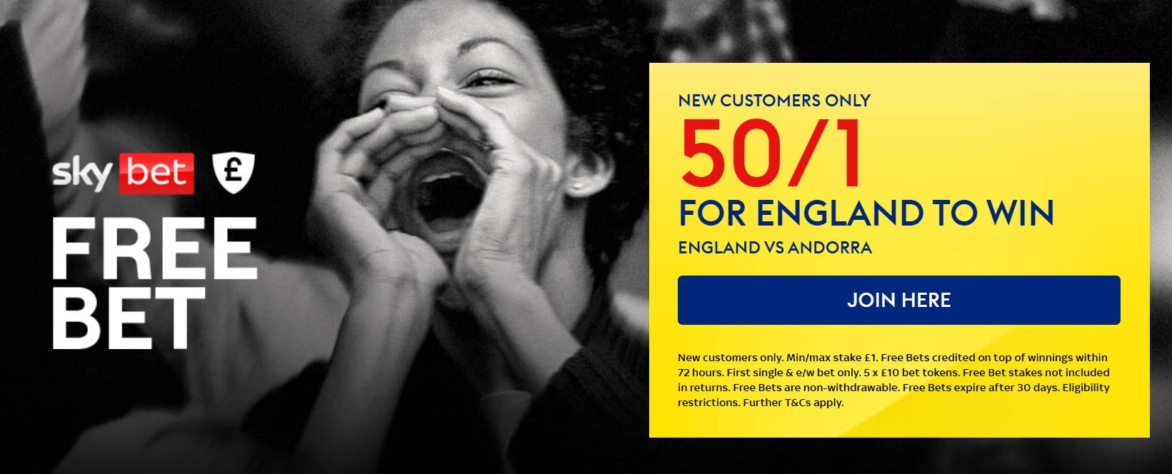 Get 50/1 on England to Beat Andorra with the Sky Bet Sign Up Offer