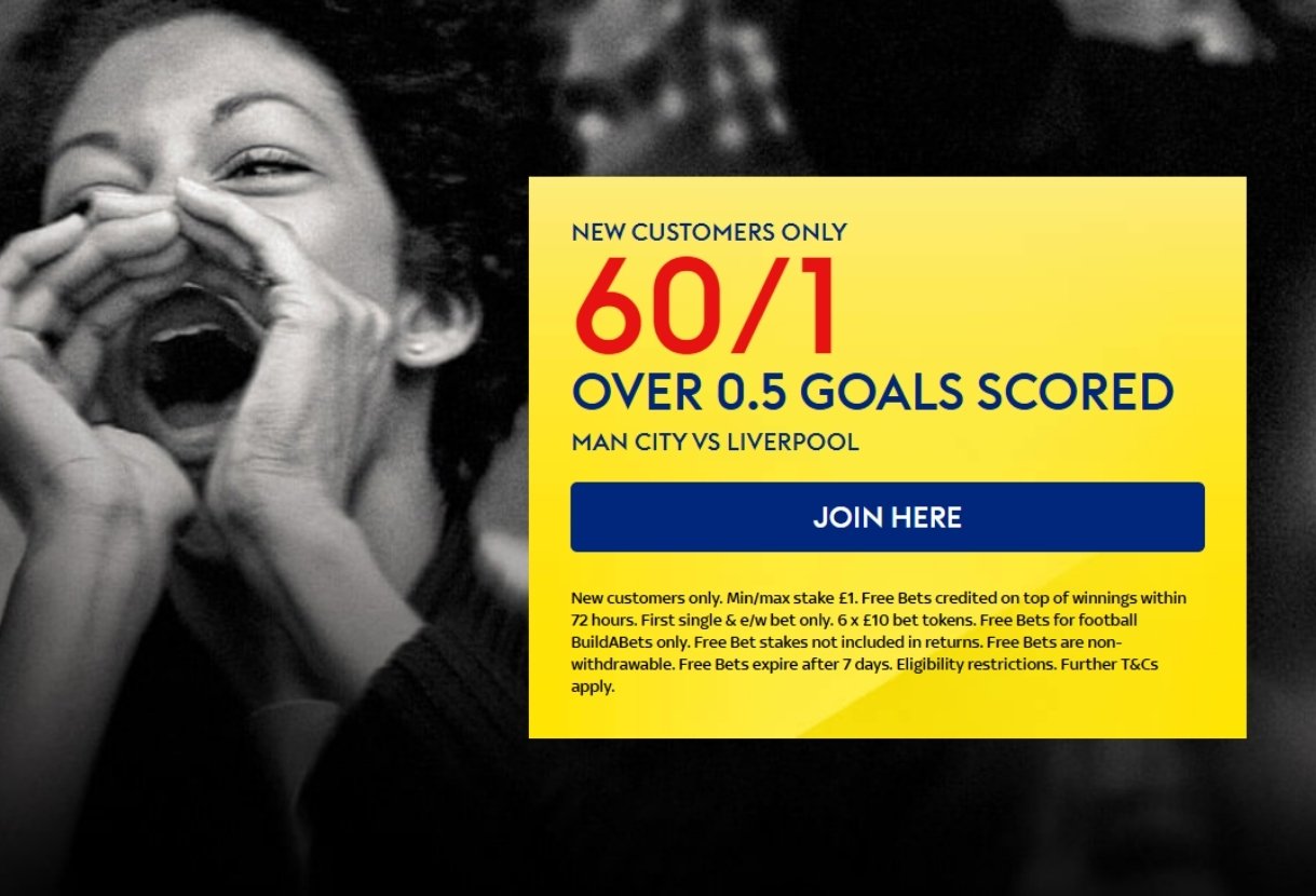 Sky Bet Sign Up Offer: Get 60/1 on 1+ Goals Scored in Man City v Liverpool