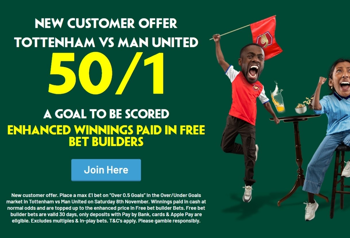 Tottenham v Man United Offer: Get 50/1 on a Goal to be Scored with Paddy Power