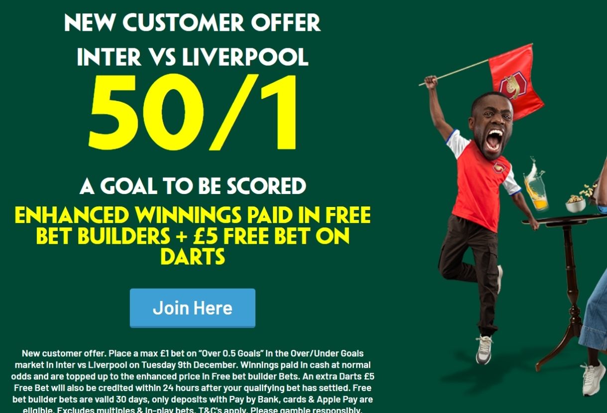 Paddy Power Sign Up Offer: Get 50/1 on 1+ Goals in Inter v Liverpool, Plus £5 Darts Free Bet