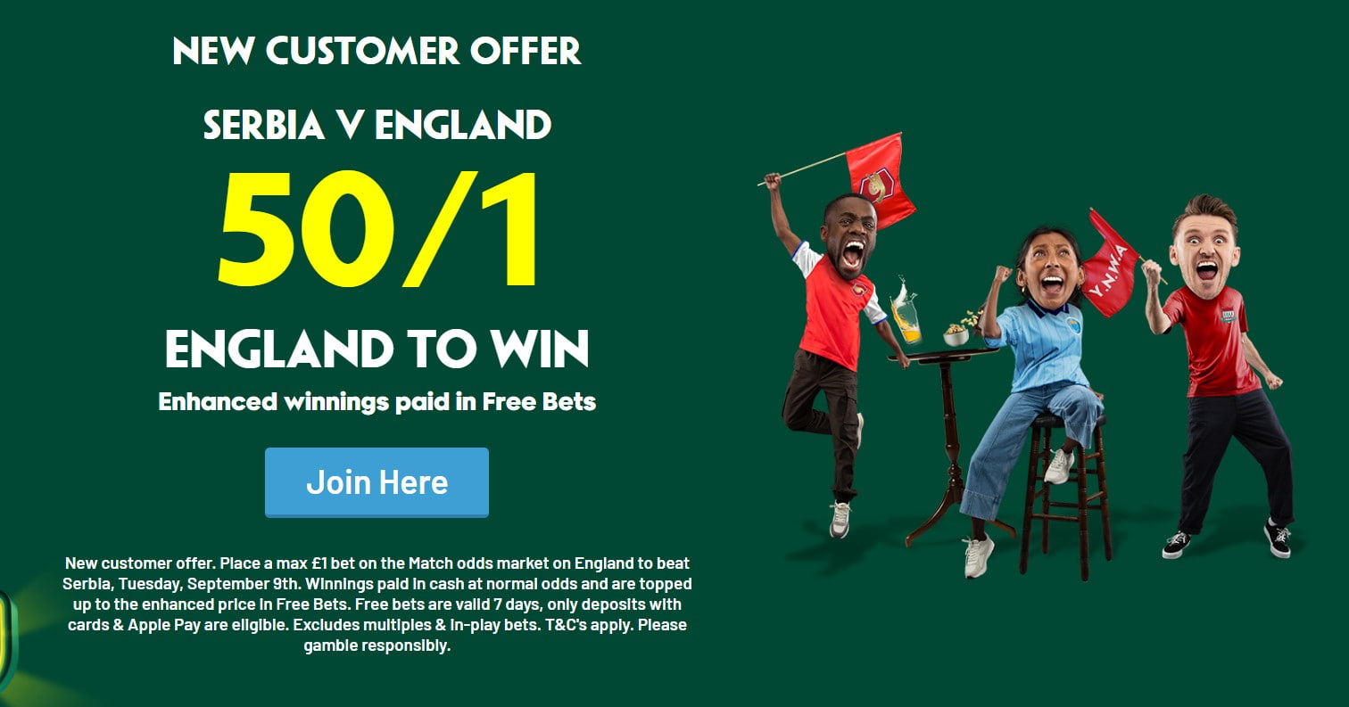 Paddy Power England v Serbia Offer: Get Boosted Odds of 50/1 on England to Win