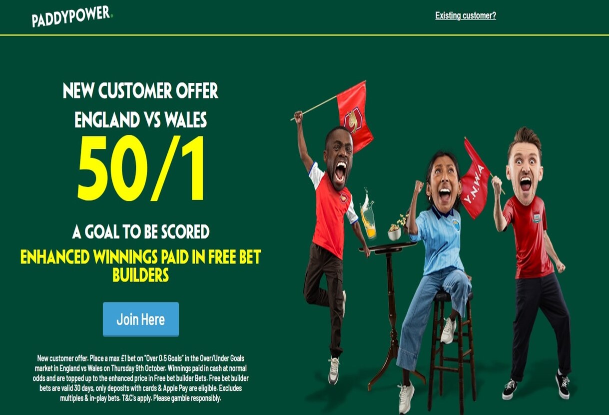 England v Wales Paddy Power Offer: Get 50/1 On A Goal to Be Scored