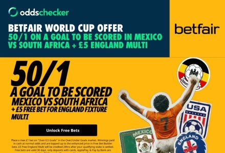 Betfair Mexico v South Africa Offer: Get 50/1 on a Goal to be Scored in World Cup Opener + £5 England Multi