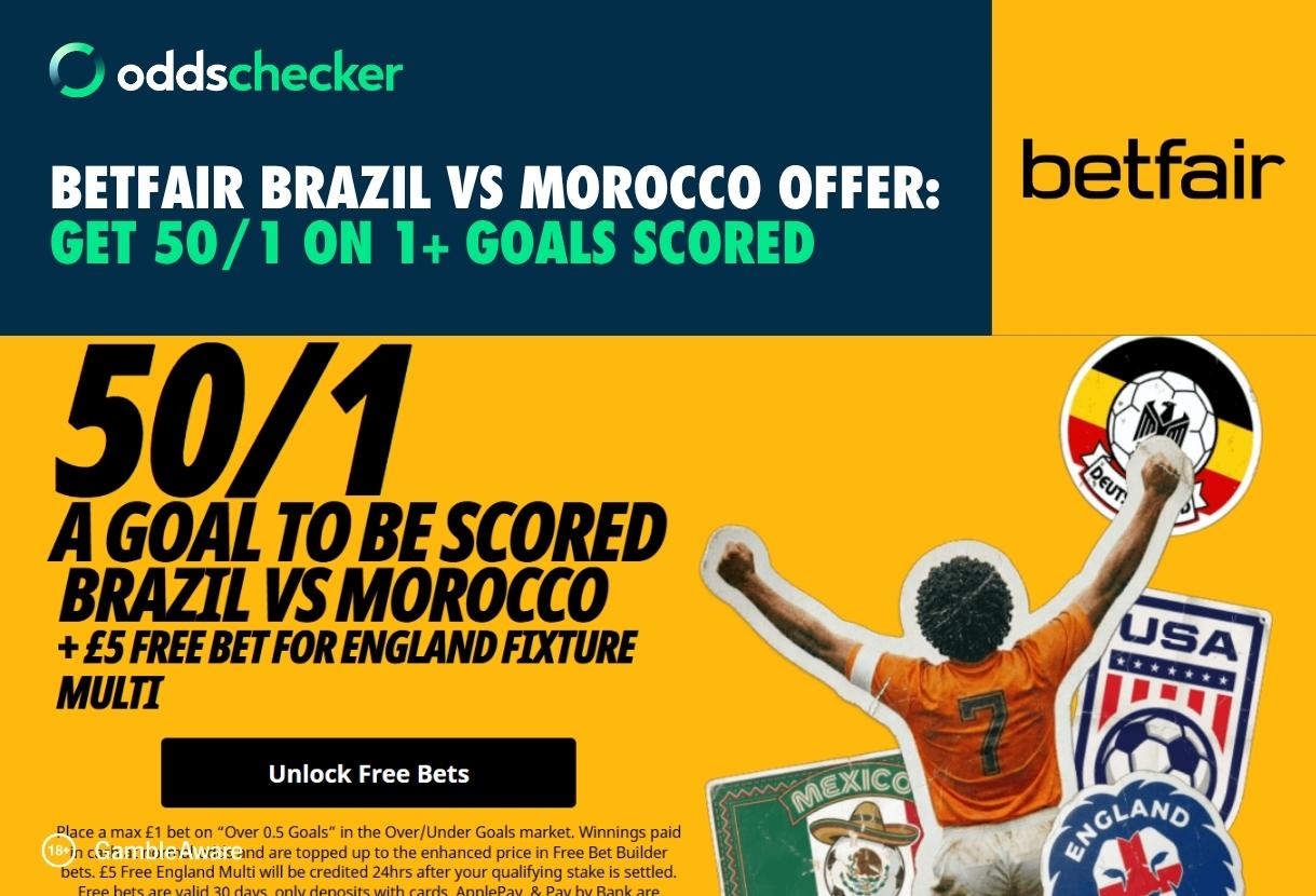 Brazil vs Morocco World Cup Offer: Claim 50/1 on 1+ Goals Scored with Betfair 