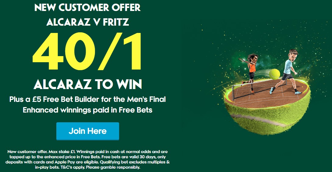 Paddy Power Wimbledon Offer: Get Alcaraz at 40/1 to Beat Fritz, Plus a £5 Free Bet Builder