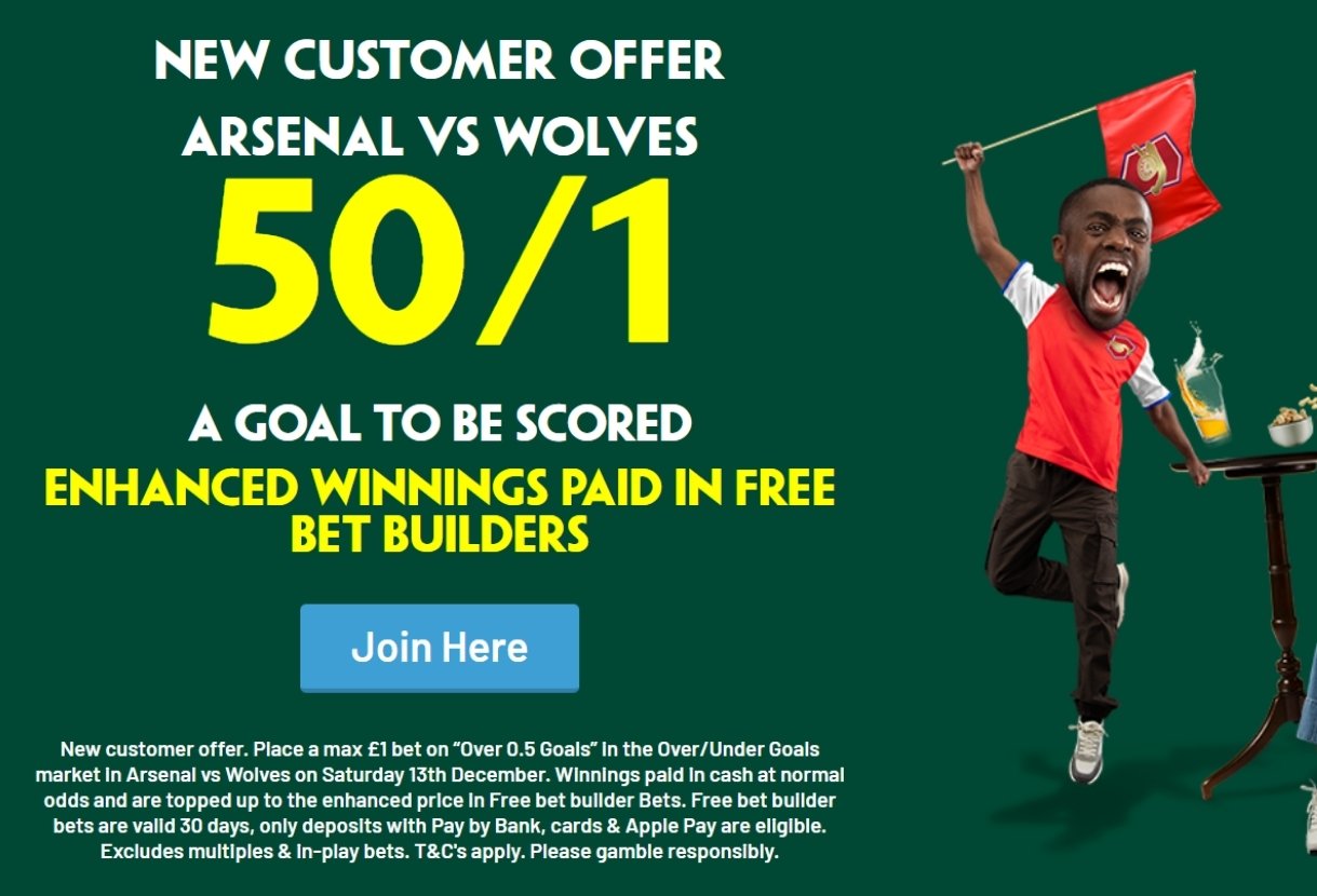 Paddy Power Sign Up Offer: Get 50/1 on Over 0.5 Goals in Arsenal v Wolves