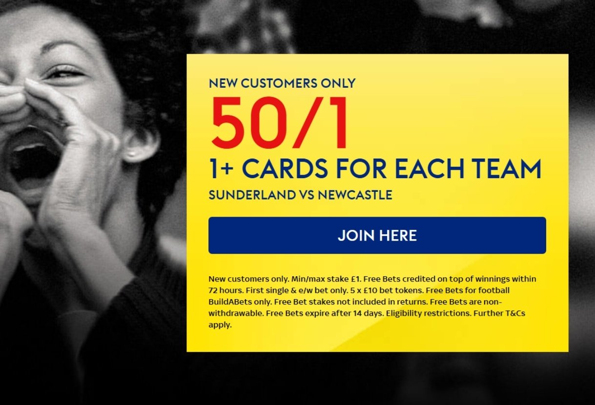 Sky Bet Sign Up Offer: Get 50/1 on 1+ Card for Each Team in Sunderland v Newcastle