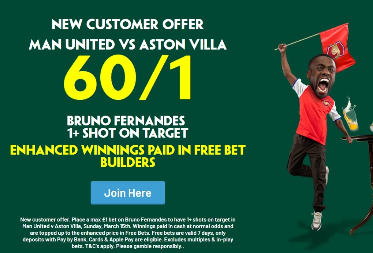 Man United v Aston Villa Offer: 60/1 on Fernandes to Have 1+ Shots on Target with Paddy Power