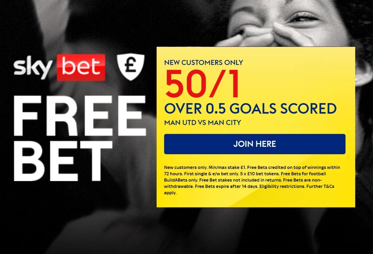 Sky Bet Man United v Man City Offer: Get 50/1 on Over 0.5 Goals in the Manchester Derby