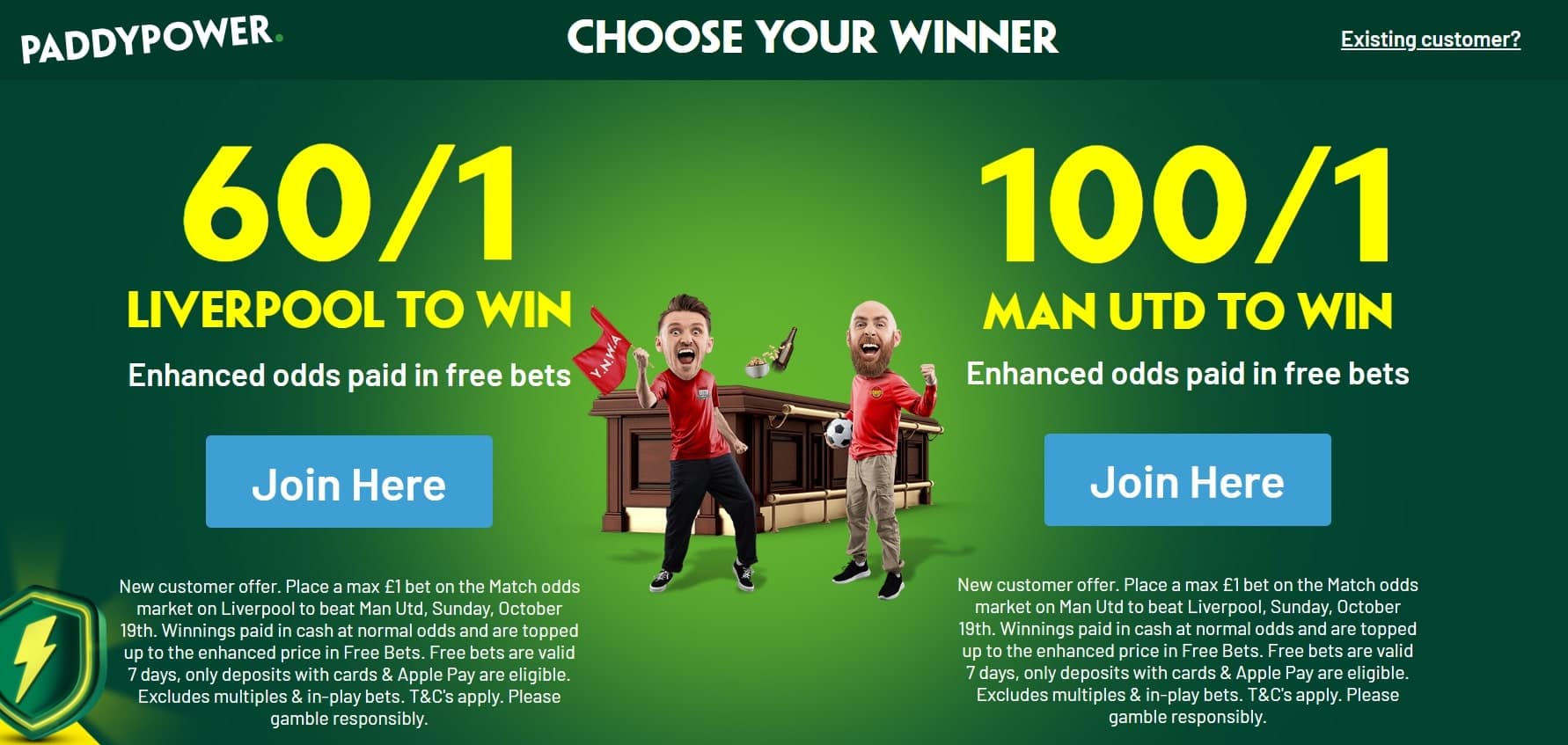 Paddy Power Sign Up Offer: Get 60/1 on Liverpool, or 100/1 on Man United to Win