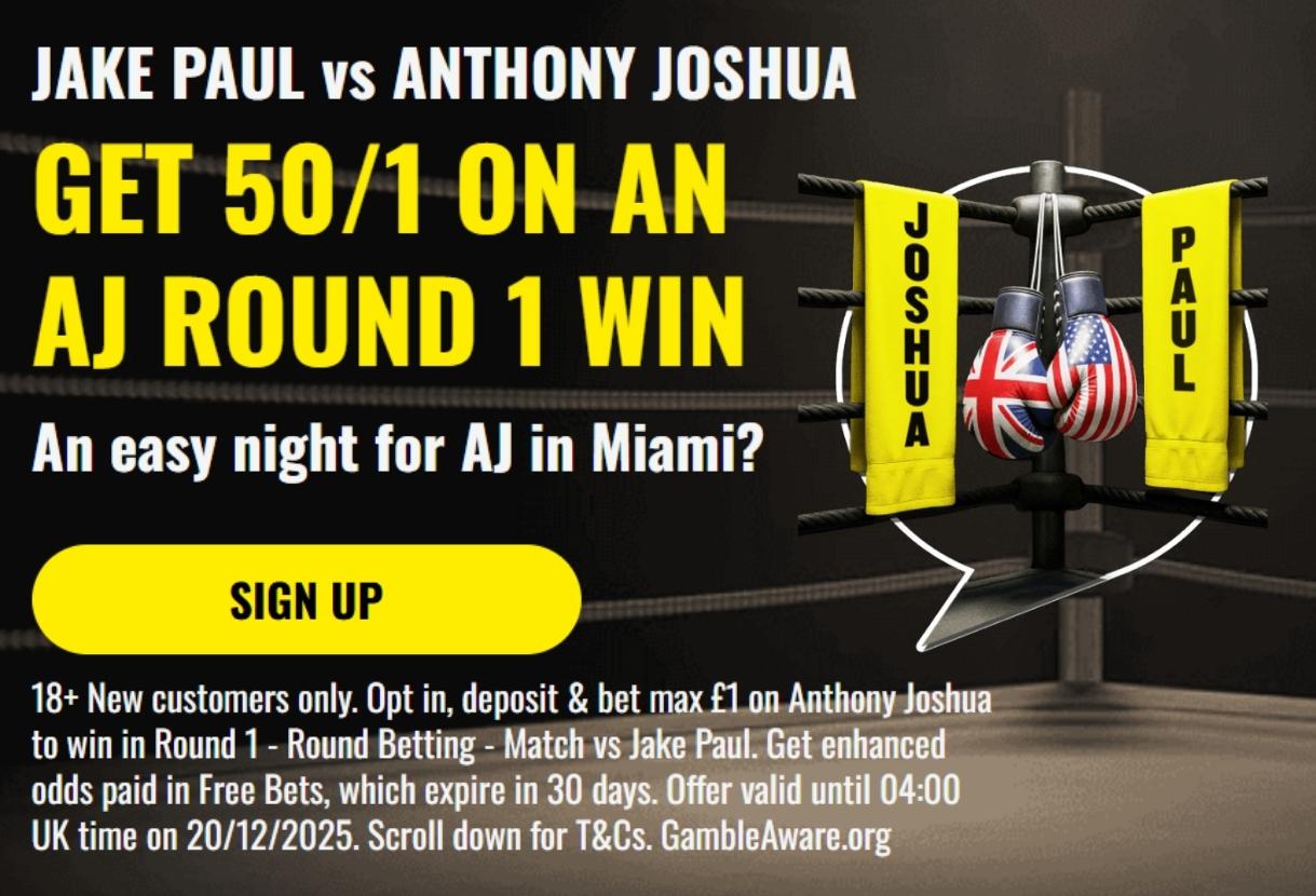 Jake Paul vs Anthony Joshua Offer: Get 50/1 on an AJ 1st Round Win with talkSPORT BET