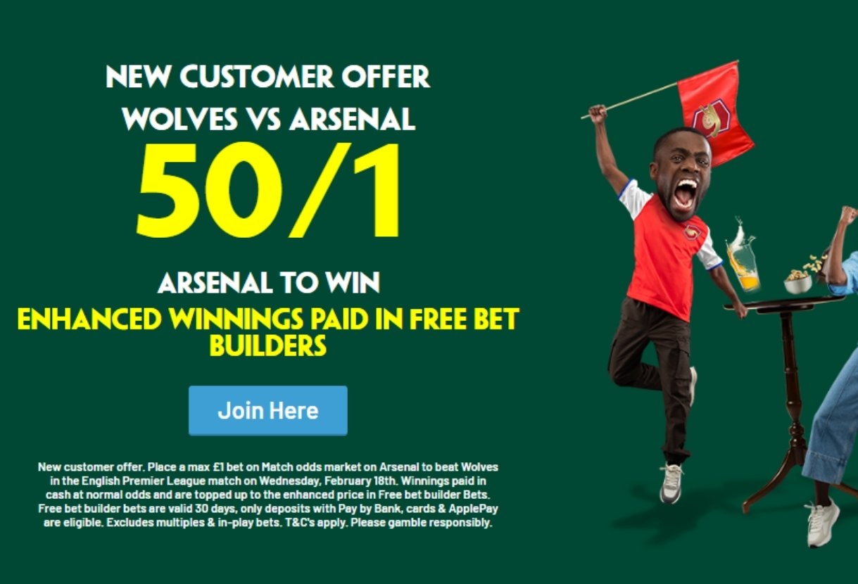 Paddy Power Wolves v Arsenal Offer: Get 50/1 on the Gunners to Win
