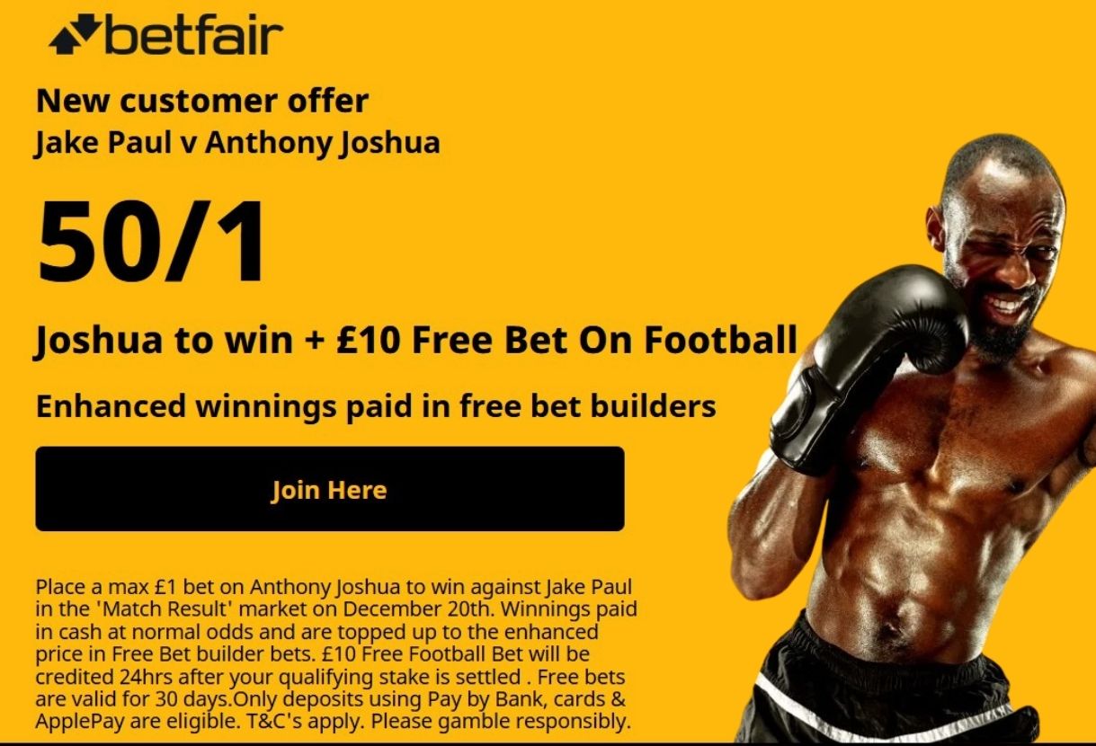 Betfair Anthony Joshua vs Jake Paul Offer: Get 50/1 on AJ to Win, Plus a £10 Football Free Bet