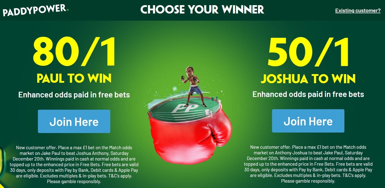 Paddy Power Jake Paul v Anthony Joshua Offer: Get 80/1 on Paul or 50/1 on AJ to Win 