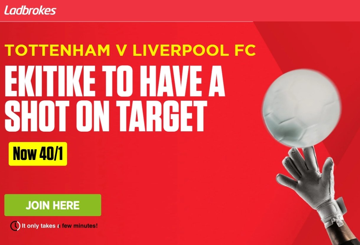 Ladbrokes Tottenham v Liverpool Offer: Get 40/1 on Ekitike to Have A Shot on Target