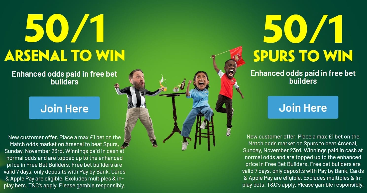 Paddy Power Sign Up Offer: Get 50/1 on Arsenal or Tottenham to Win North London Derby