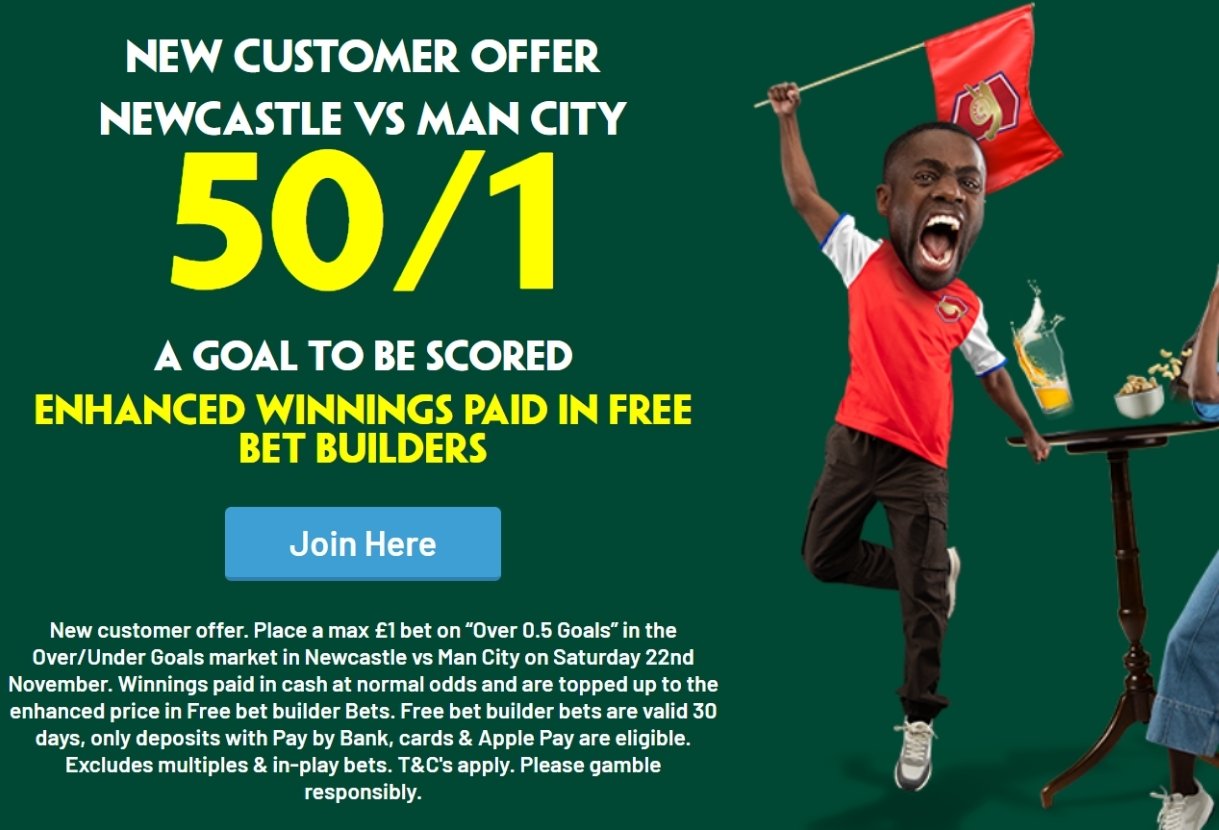 Paddy Power Sign Up Offer: Get 50/1 On Over 0.5 Goals in Newcastle v Man City