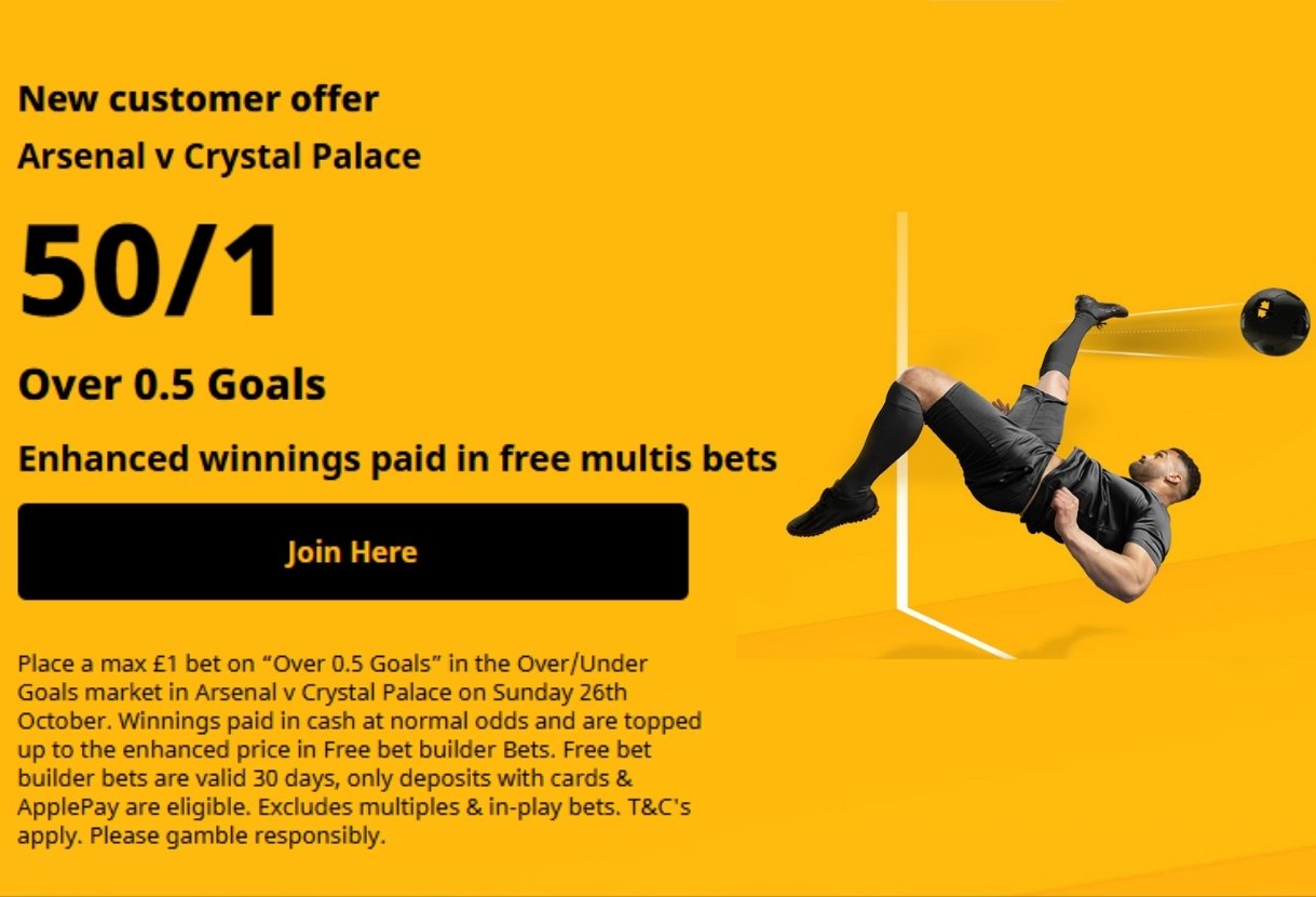 Betfair Offer: Get 50/1 On Over 0.5 Goals in Arsenal v Crystal Palace 
