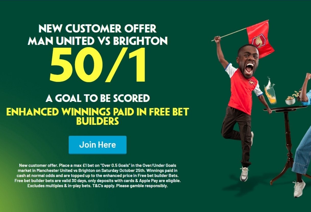 Paddy Power Sign Up Offer: Get 50/1 On A Goal to Be Scored in Man United v Brighton