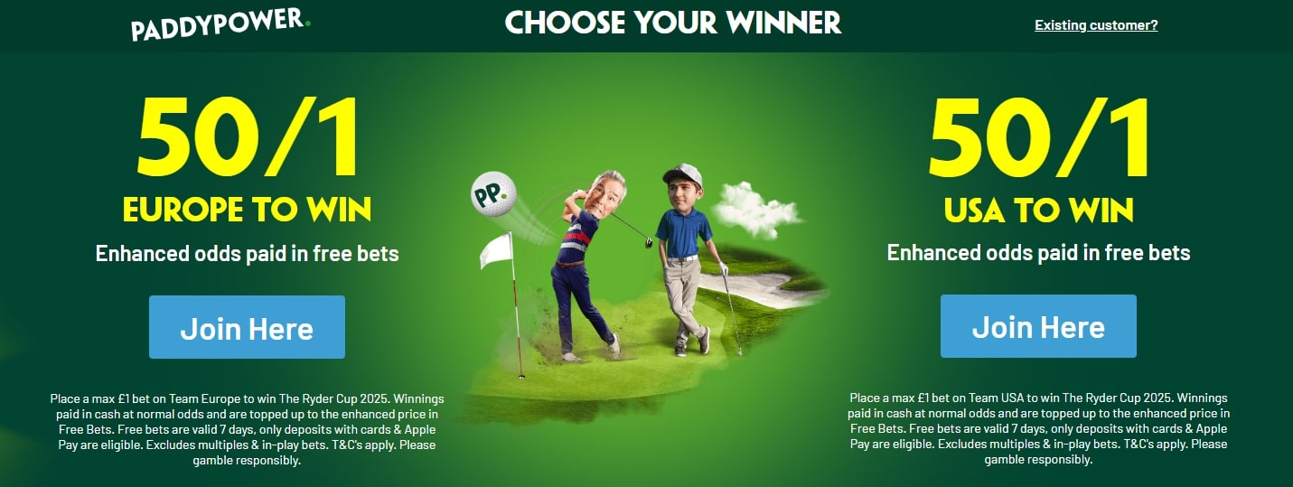 Paddy Power Ryder Cup Offer: Get 50/1 on Europe or USA to Win