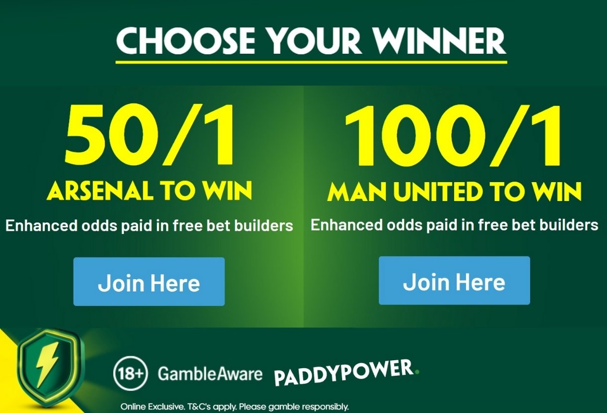 Paddy Power Sign Up Offer: Get 50/1 on Arsenal or 100/1 on Man United to Win