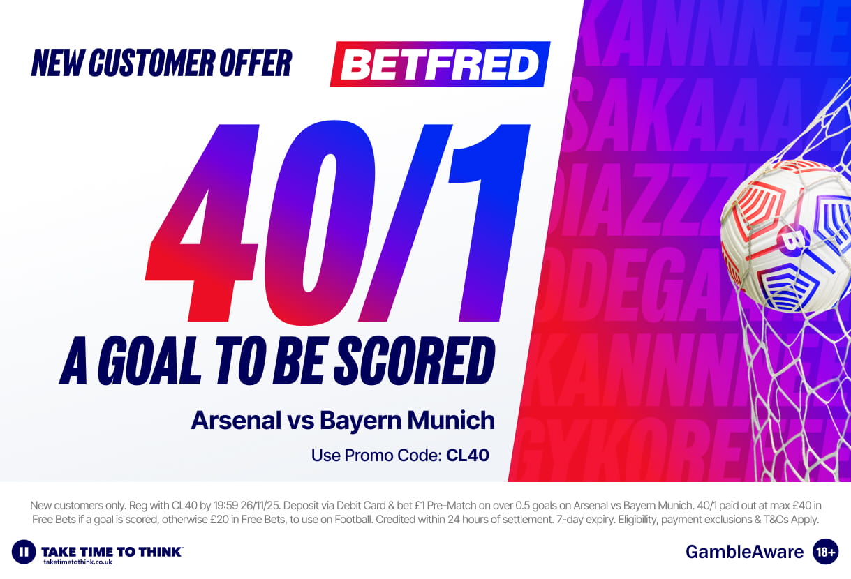 Betfred UCL Sign Up Offer: Get 40/1 on Over 0.5 Goals in Arsenal v Bayern Munich 