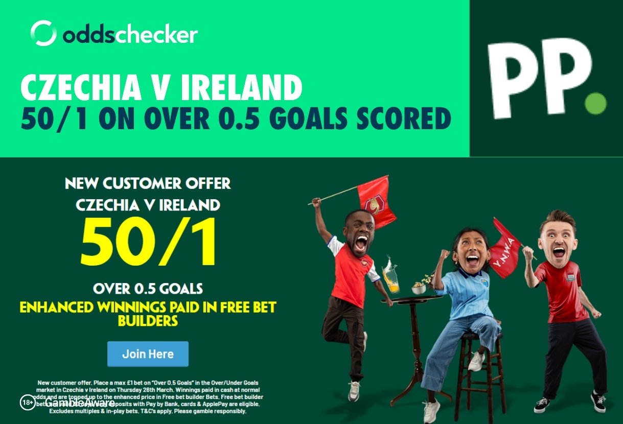 Paddy Power Sign Up Offer: Get 50/1 on Over 0.5 Goals in Czechia v Ireland