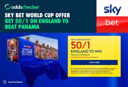 Sky Bet England v Panama Offer: Get 50/1 on England to Win