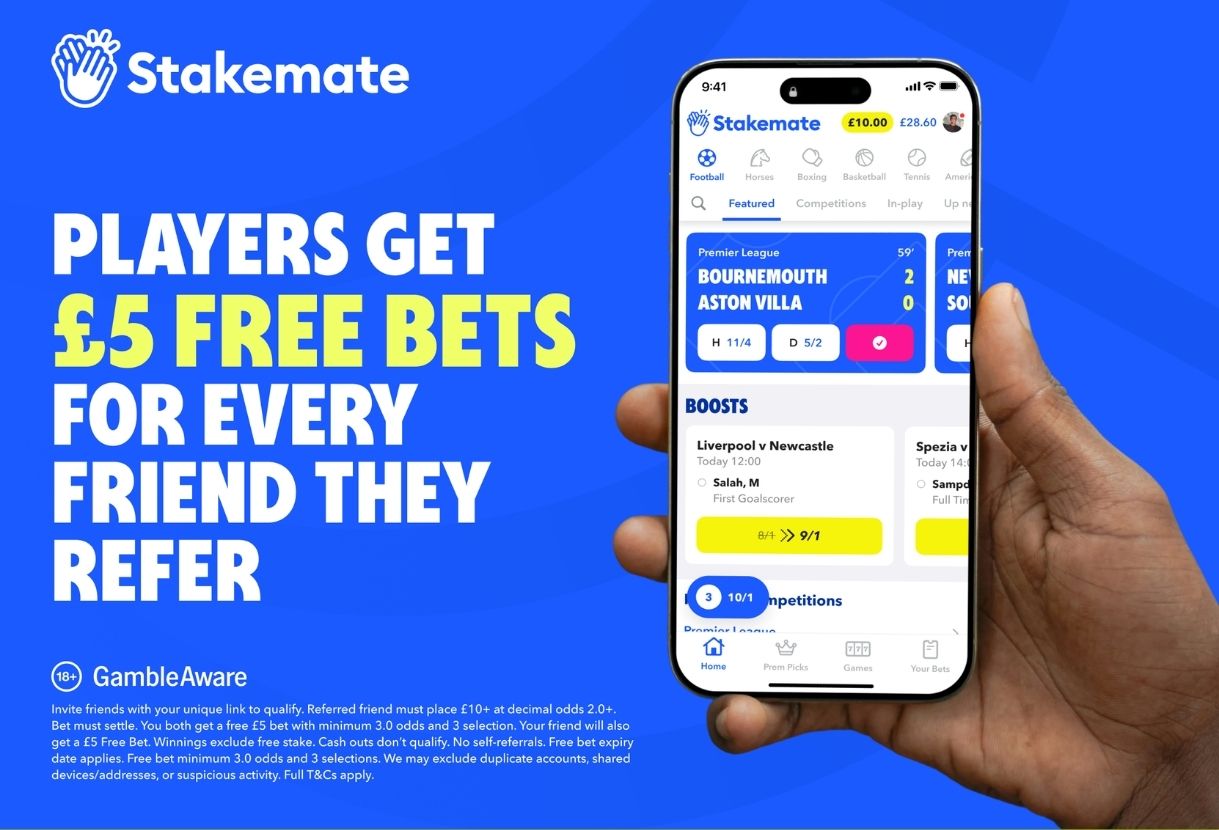 Players get £5 in Free Bets for every friend they refer on Stakemate