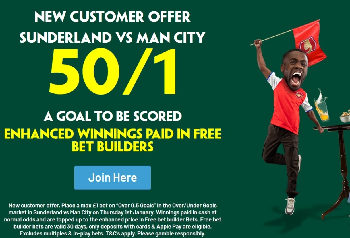 Sunderland v Man City Offer: Get 50/1 on a Goal to be Scored with Paddy Power