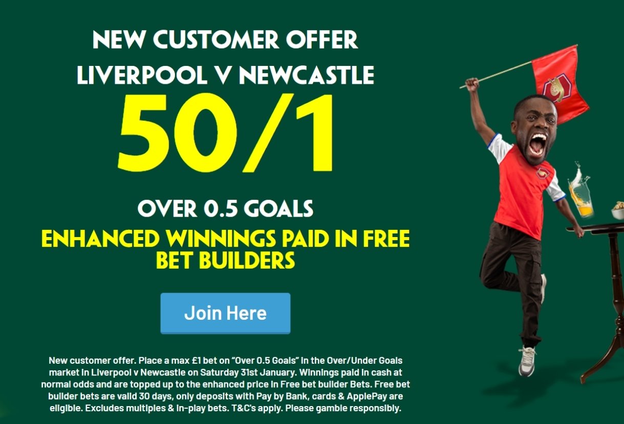 Paddy Power Sign Up Offer: Get 50/1 on 1+ Goals in Liverpool v Newcastle
