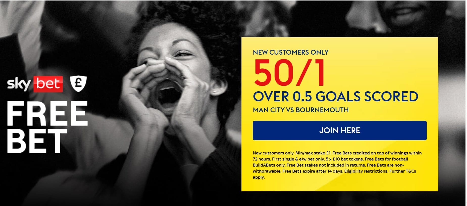 Sky Bet Offer: Get 50/1 On Over 0.5 Goals in Man City v Bournemouth