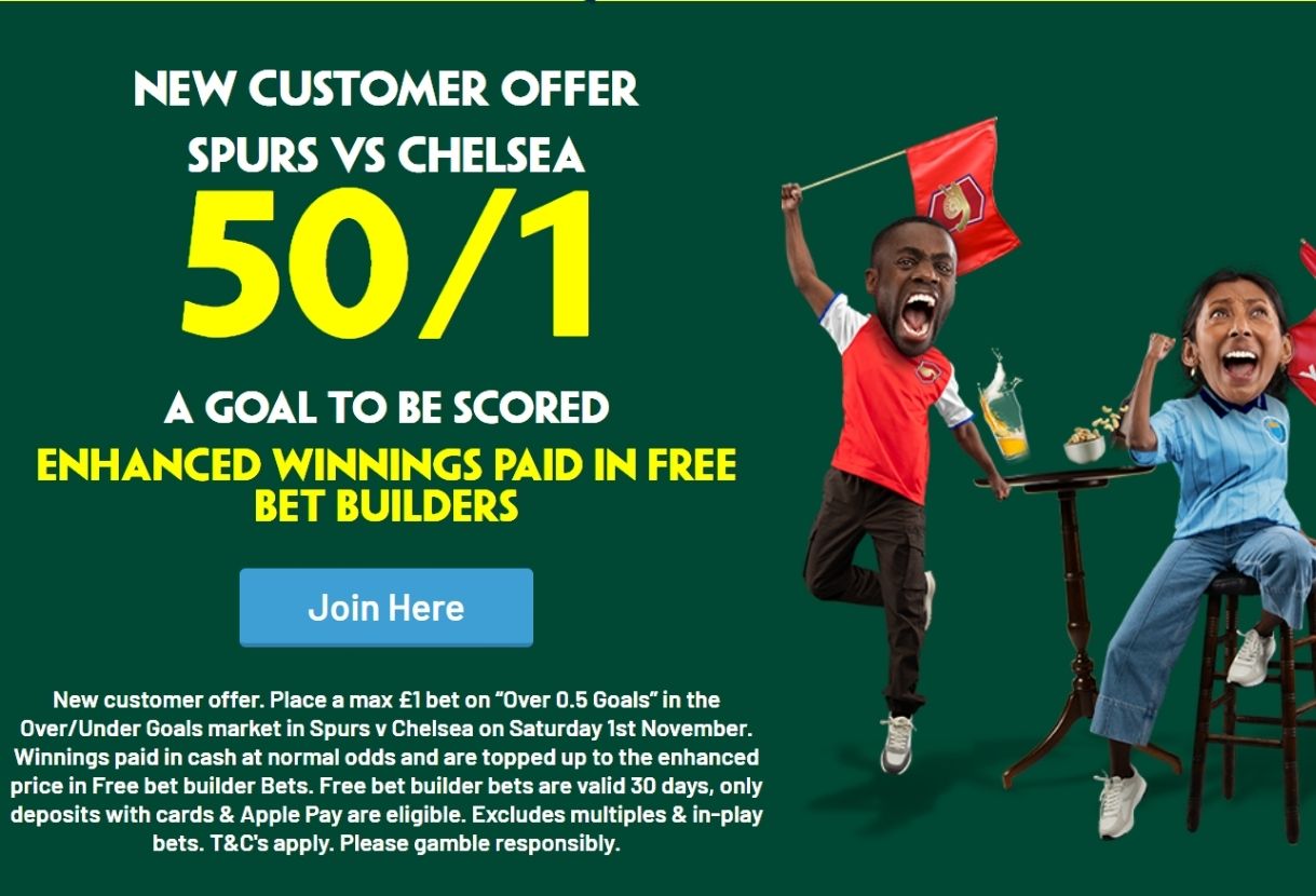 Paddy Power Sign Up Offer: Get 50/1 On Over 0.5 Goals in Tottenham v Chelsea